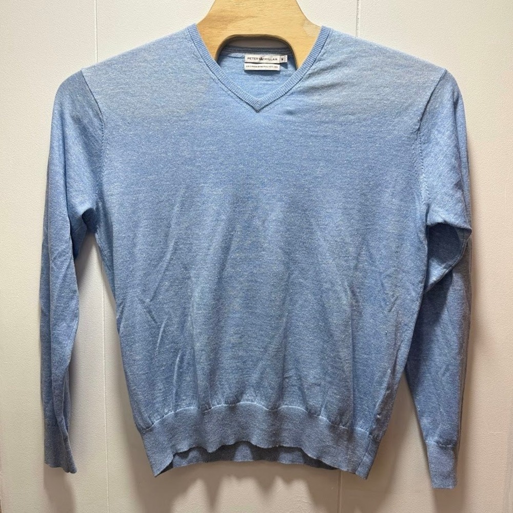 Peter Millar Mens Light Blue Merino Wool Linen Blend V-Neck Sweater Size Medium
